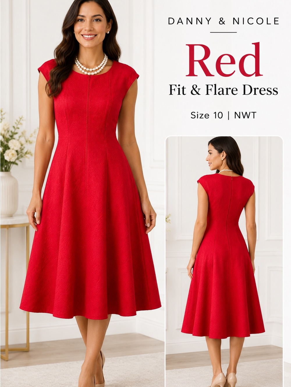 NWT Danny & Nicole Red Textured Fit & Flare Midi Dress Size 10 Elegant Wedding